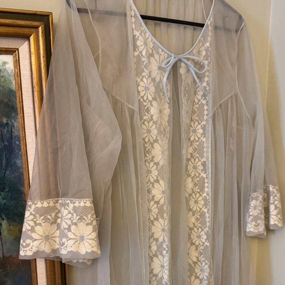 Vintage 1950’s 50s Nightgown Flower Sheer Lace Trim Robe Dress Sears Pin Up